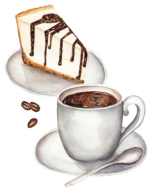 Illustration de café aquarelle avec clipart de boulangerie de café de gâteau Impression de tasse à café et de gâteau au fromage