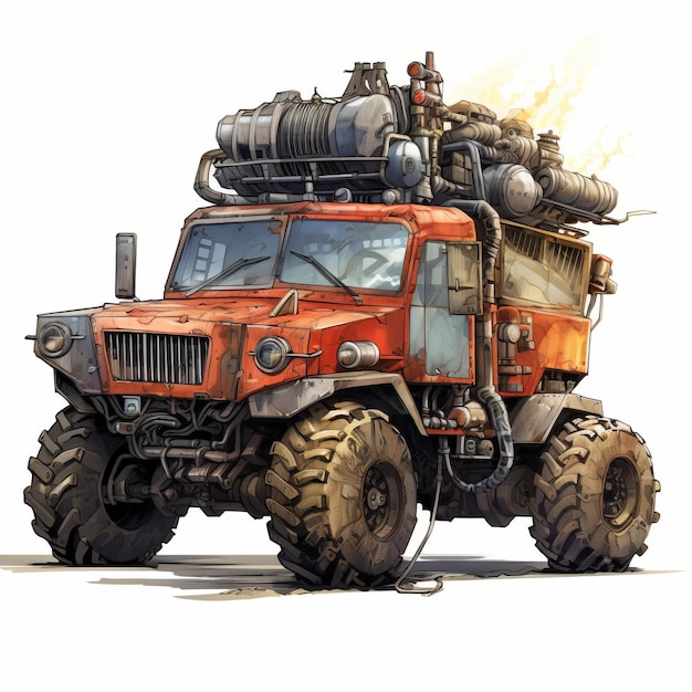 Illustration d'un camion de pompiers post-apocalyptique sur fond blanc