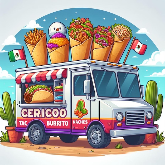 Photo illustration d'un camion pour vendre de la nourriture mexicaine taco burito nachos et tamales