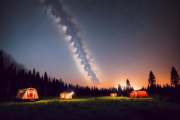 Illustration de camping en forêt avec feu dans la nature générée par ai