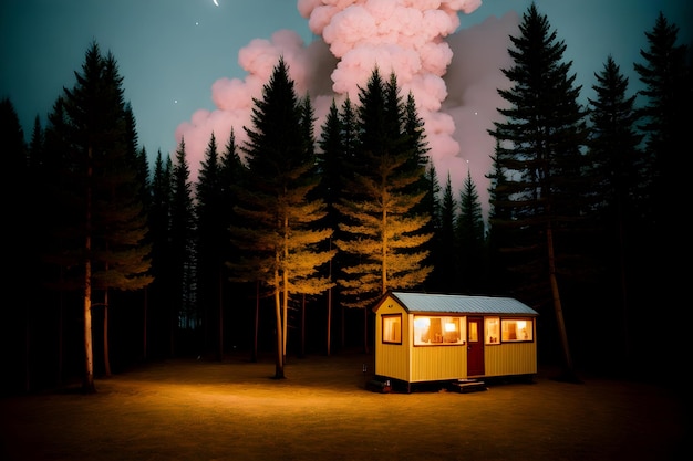 Illustration de camping en forêt avec feu dans la nature générée par ai
