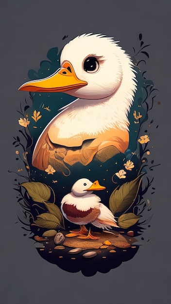 Illustration d'un canard et d'un caneton dans la forêt d'automne