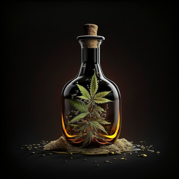 illustration cannabis médical avec extrait d'huile dans une bouteille sur ai génératif noir