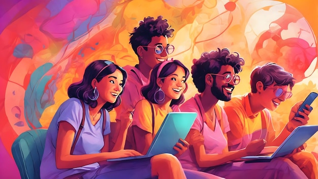 Une illustration capricieuse d'un groupe d'amis en train de discuter et d'explorer le monde d'Internet