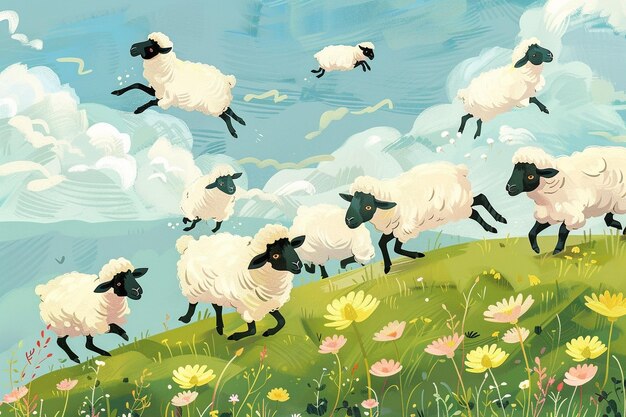 Une illustration capricieuse de moutons qui s'amusent dans l'ai génératif