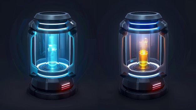 Une illustration d'une capsule cryonique vide et remplie de récipients futuristes tubes de verre remplis de liquide cryogénique pour l'hibernation appareil photo de technologie scientifique équipement de laboratoire scifi