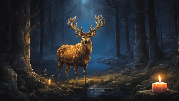 Une illustration captivante d'un cerf dans une forêt nocturne éclairée par une seule étoile