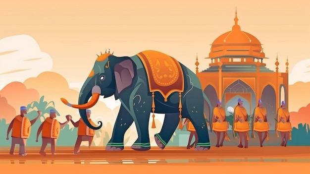 Illustration d'une caravane traditionnelle moghole d'éléphants et de chameaux GENERATE AI