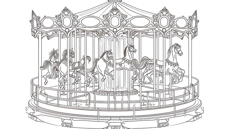 Une illustration d'un carrousel vintage avec des chevaux Le carrousel est décoré de détails ornés et a une canopée rayée