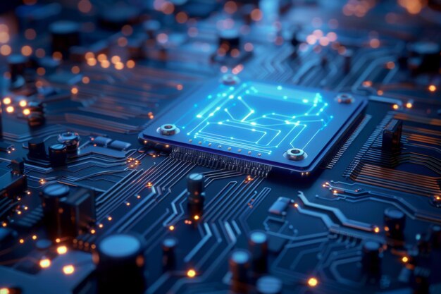 Illustration de la carte de circuit électronique de micropuce du processeur CPU créée avec l'IA générative