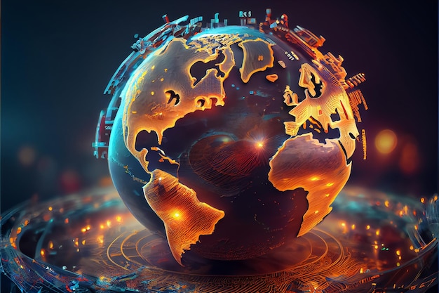 Illustration de la carte globale du monde planète erth avec des lumières à points lumineux AI