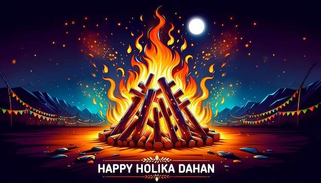 Photo illustration de carte holika dahan avec un feu de joie la nuit de pleine lune