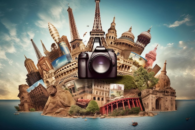 Photo illustration d'une carte postale design avec des icônes de monuments célèbres du monde et un appareil photo numérique