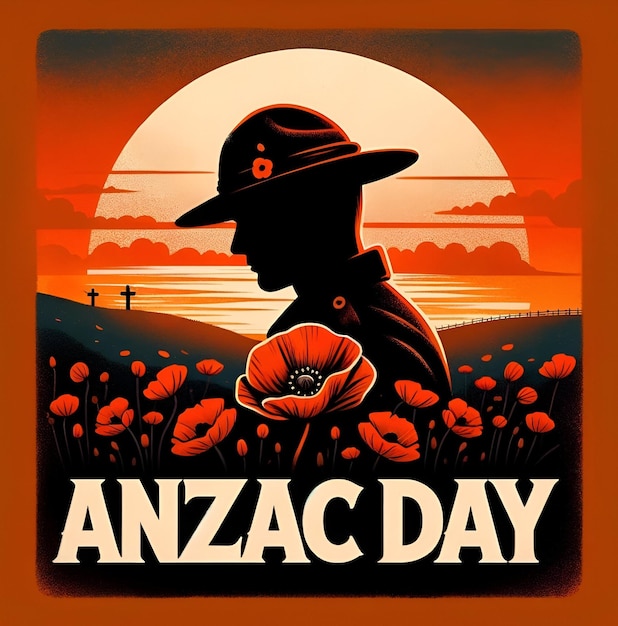 Illustration d'une carte pour le jour d'Anzac avec une silhouette d'un soldat et un champ de fleurs de pavot