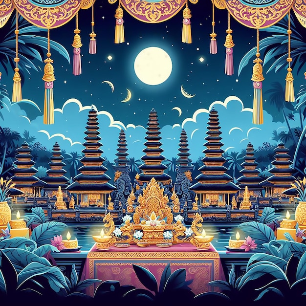 L'illustration de la carte de vœux du jour de Nyepi avec le temple la nuit ai generaed