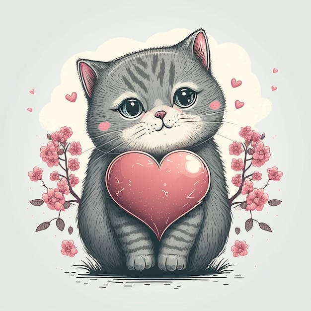 Illustration de carte de voeux mignon chat valentine kawai