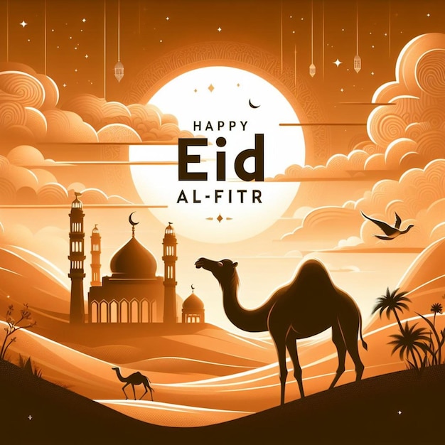 illustration d'une carte de vœux avec le texte heureux Eid al-Fitr avec la silhouette d'un chameau et t
