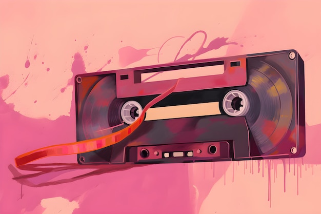Une illustration d'une cassette avec un fond rose