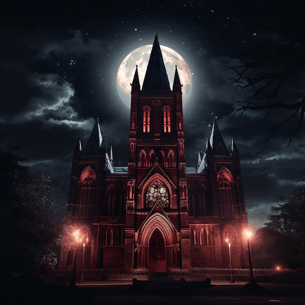 illustration d'une cathédrale de l'ère victorienne la nuit sous un rouge foncé