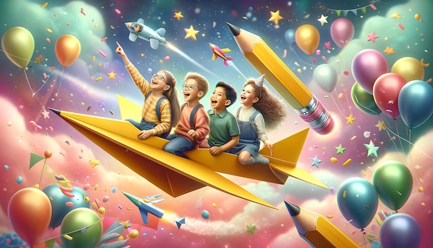 Illustration célébrant la fête des enfants avec des enfants sur un avion en papier et des ballons-roquettes à crayon