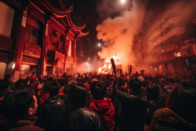 Illustration de la célébration du Nouvel An chinois ponctuant une rue animée de lanternes volantes et de lampes décorées de maisons