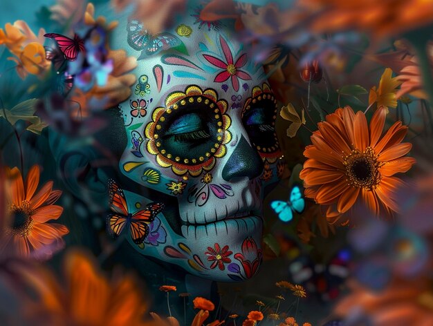 Illustration de la célébration de Flat dia de muertos crâne mexicain