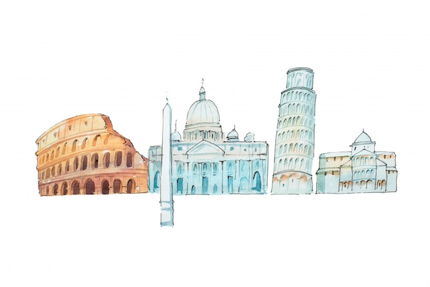 Illustration célèbre aquarelle de monuments et voyages italiens.