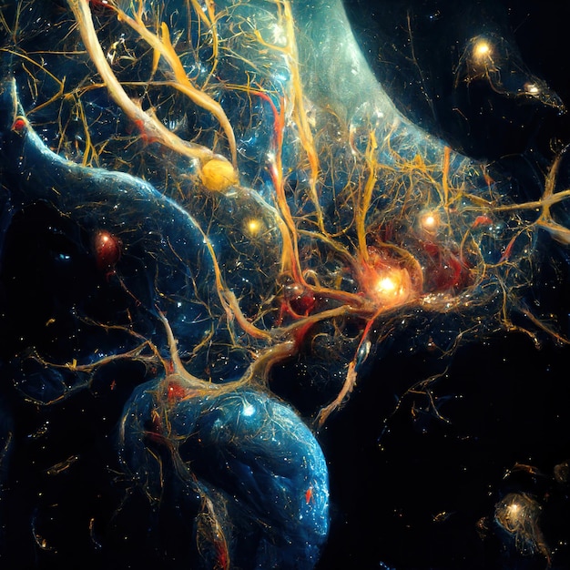 Illustration de cellules neuronales avec des impulsions nerveuses le long des dendrites Connexions neuronales dans l'espace extra-atmosphérique