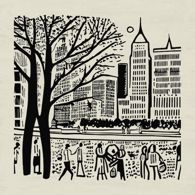 Illustration de Central Park New York peinte à la main à l'encre noire