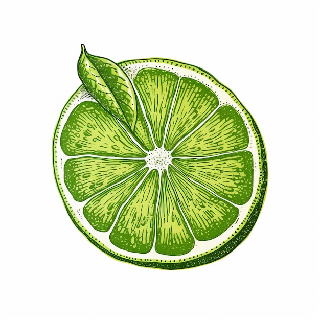 Photo illustration en céramique vintage d'une tranche de citron vert et d'une feuille de citron frais