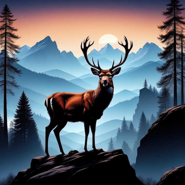 illustration d'un cerf dans les bois illustration du grand cerf rouge au milieu de grandes montagnes