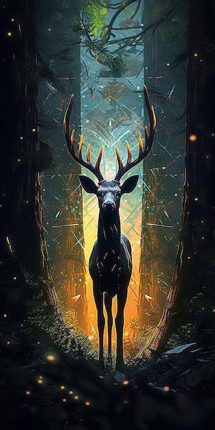 Illustration cerf sur forêt imaginative générative ai