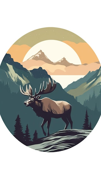 Illustration de cerf minimaliste debout sur une aventure au sommet d'une montagne et concept de montagne