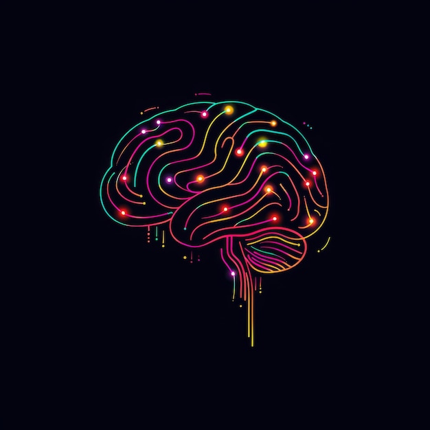 Illustration d'un cerveau au néon avec des connexions neuronales intelligence artificielle avec des impulsions électriques ChatGPT cyberpunk centre de données brainstorming