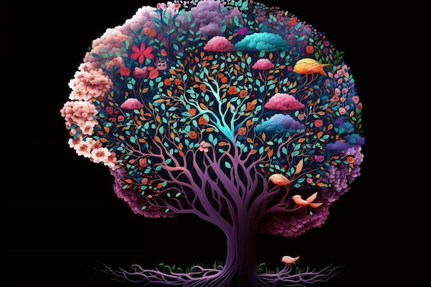 Illustration d'un cerveau humain en forme d'arbre orné de fleurs représentant les soins personnels et la santé mentale AI générative