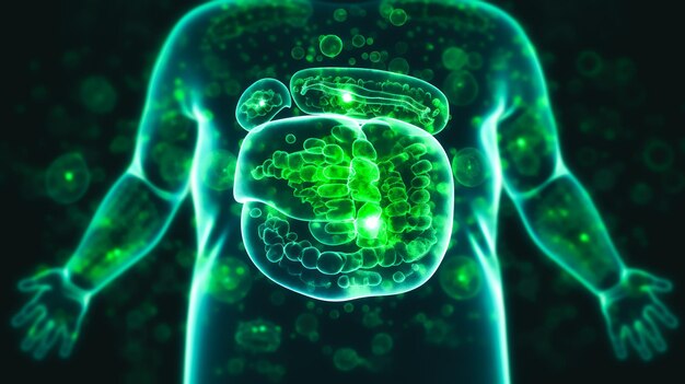 une illustration CGI du système digestif humain avec différentes sections IA générative