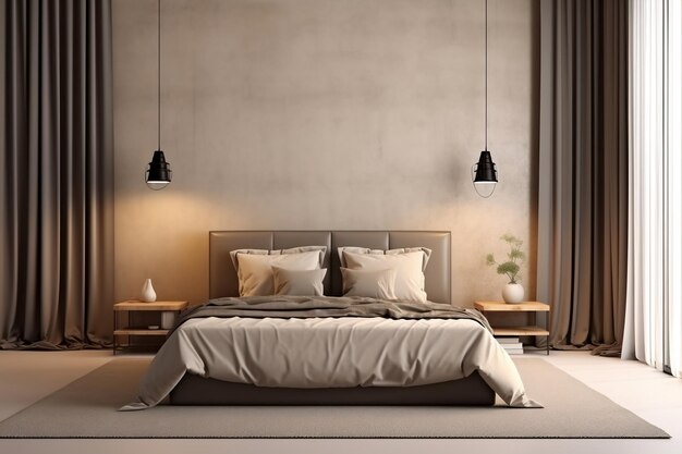 Illustration d'une chambre beige de luxe moderne avec un lit en bois et une couverture grise