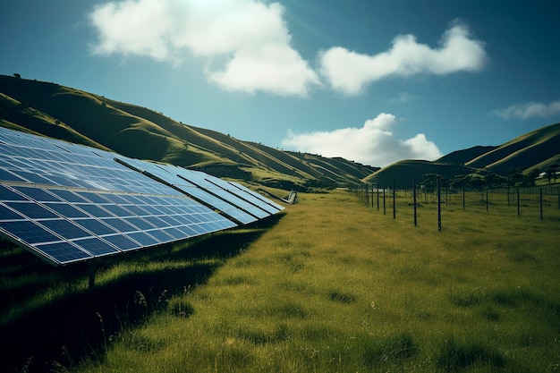 Illustration de champ d'IA générative avec des panneaux solaires à énergie propre et des énergies renouvelables