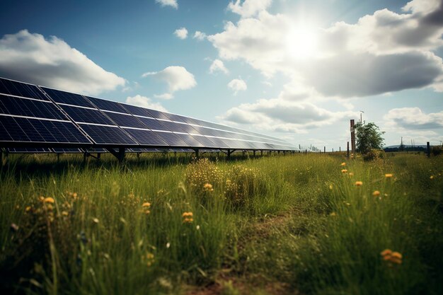 Illustration de champ d'IA générative avec des panneaux solaires à énergie propre et des énergies renouvelables