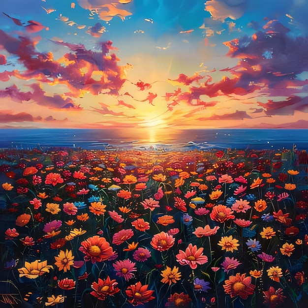 Illustration d'un champ rempli de fleurs roses orange colorées au coucher du soleil Des fleurs en fleurs un symbole du printemps une nouvelle vie