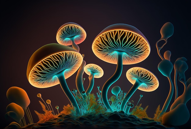 Illustration d'un champignon psychédélique rougeoyant sur fond sombre AI générative
