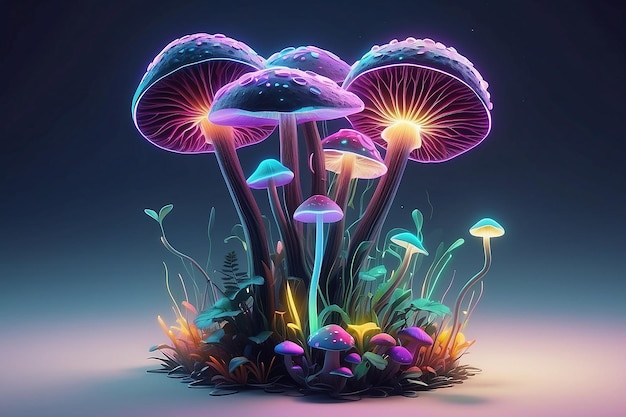 Photo illustration de champignons au néon brillants sur un fond sombre