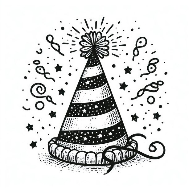 illustration de chapeau de cône d'anniversaire dessiné à la main dans un style vintage coloré isolé sur fond blanc