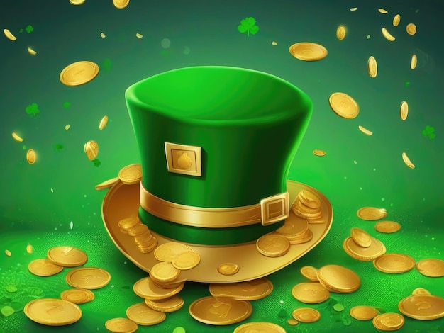 Illustration d'un chapeau de leprechaun vert avec des feuilles de trèfle et des pièces d'or