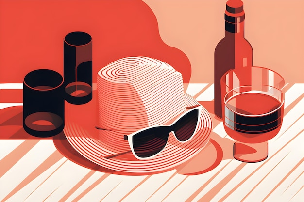 Illustration d'un chapeau de lunettes et d'une bouteille de vin sur une serviette de plage