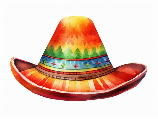 Photo illustration d'un chapeau mexicain coloré à l'aquarelle sur fond blanc