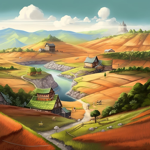 Illustration d'un charmant village niché dans une vallée