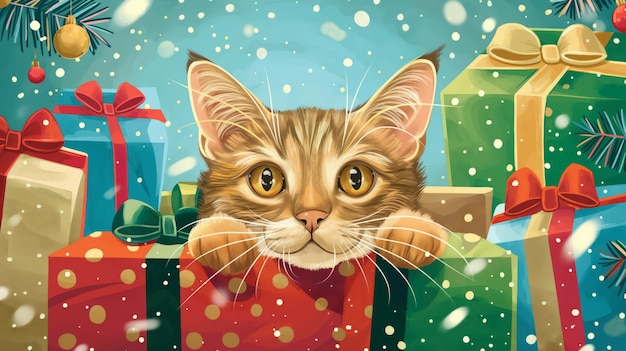 Une illustration charmante d'un chat curieux qui détourne son regard d'une pile de cadeaux de Noël colorés