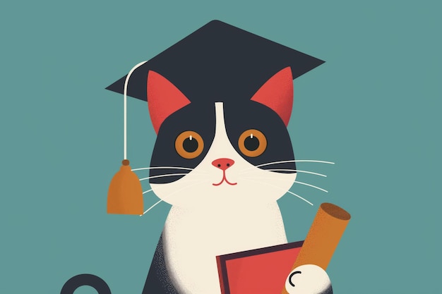 L'illustration charmante d'un chat vêtu d'une tenue de graduation tenant un diplôme