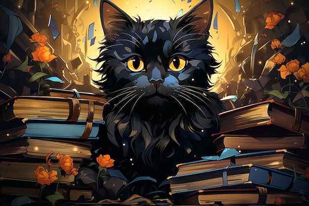 Une illustration d'un chat assis sur une pile de livres